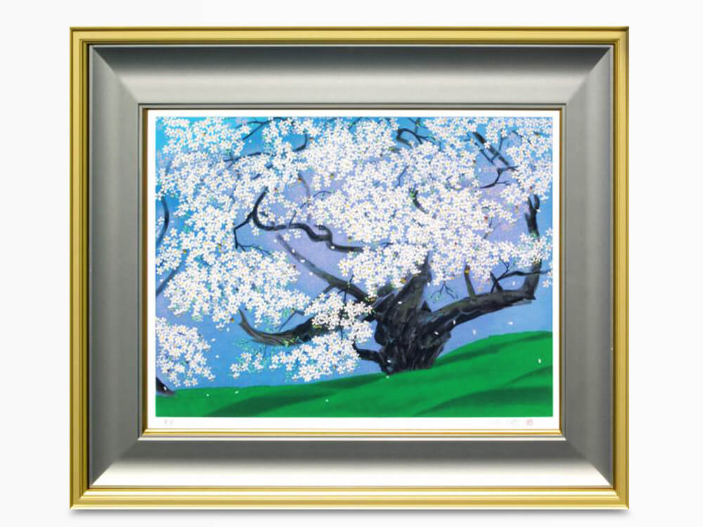中島千波 櫻花霞富士 風景画 桜 春 富士山 額装 日本画 版画